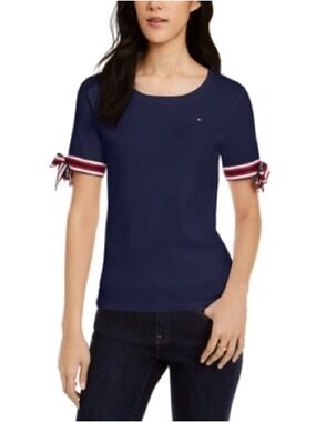 Tommy Hilfiger Navy Short-Sleeve Crewneck with Red-White Stripe Bows Sz medium